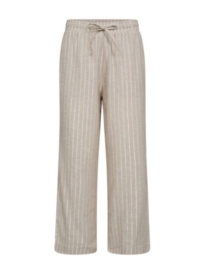 front beige bukser med shiny hvide lodrette striber, sidelommer, brede bukseben og elastik i taljen. Freequent Sand Melange Off-White FQLALUX-PANTS