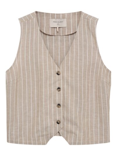 stribet beige vest med v-hals og knapper foran. Freequent Sand mel w. Star Off-white FQLAVEGA-WAISTCOAT