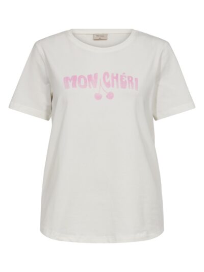 kortærmet hvid t-shirt med pink tekst på brystet. Freequent FQFENJAL-TEE Star off-white w. Fuchsia Pink