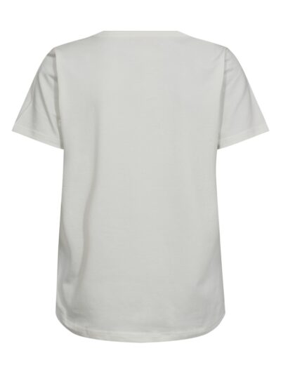 kortærmet hvid t-shirt med rund hals og beige tekst på brystet. Freequent Star Off-white w Simply Taupe FQFENJAL-TEE