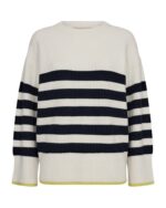 stribet strik i hvid med brede navy blå striber og en smal gul bundkant. Freequent Off-white Navy Blazer FQCLARA-PULLOVER