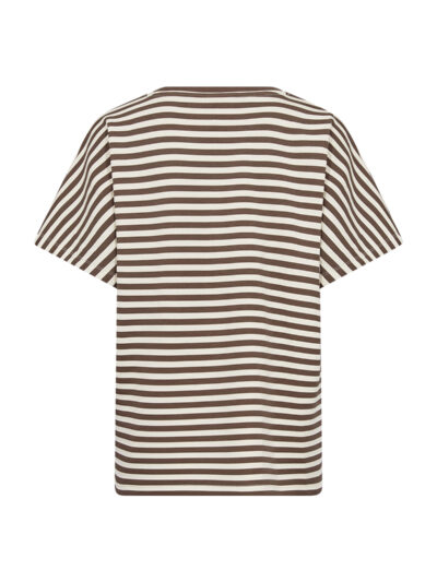 ryggen af kortærmet stribet t-shirt i brun og hvid. Soyaconcept SC-BARNI 31 Stribet T-shirt Hot Fudge Combi