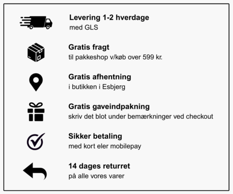 by lene fordele. levering 1-2 hverdage med gls. Gratis fragt ved køb over 599 kr. gratis gaveindpakning. gratis afhentning i butik. sikker betaling med mobilepay og kort. 14 dages returret. 