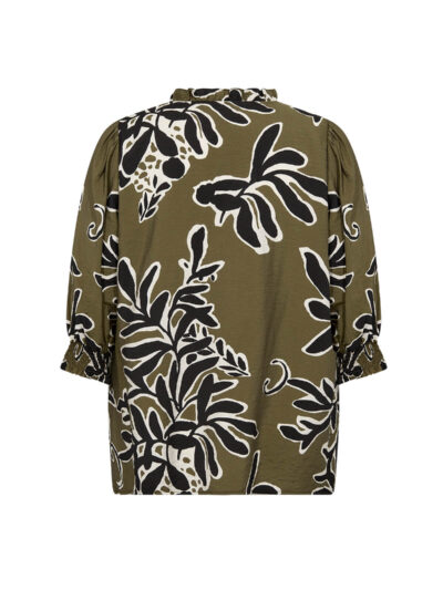ryggen af grøn bluse med abstrakt bladmønster i sort og hvid. Wasabi WA-LINNEA 2 Bluse Misty Olive Combi
