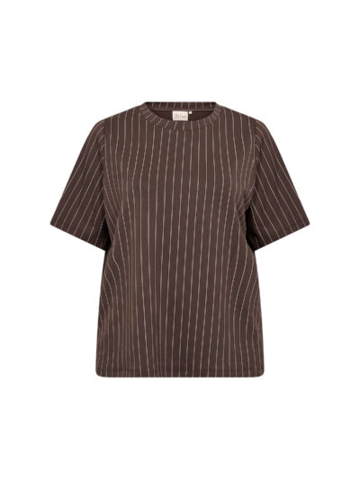 kortærmet stribet t-shirt i brun og hvid med lodrette striber. Wasabi WA-LAENA 1 T-shirt Hot Fudge Combi