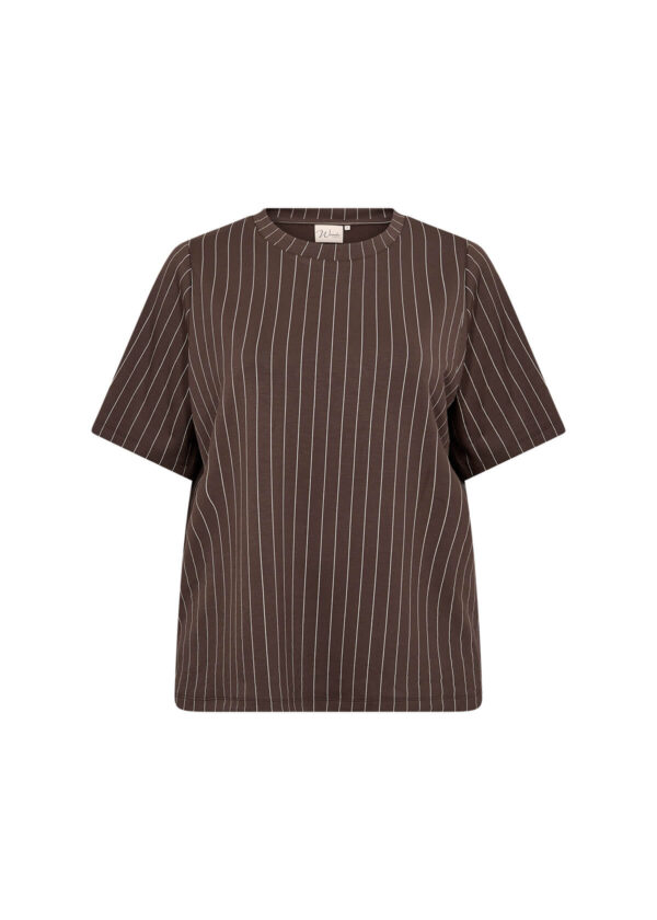 kortærmet stribet t-shirt i brun og hvid med lodrette striber. Wasabi WA-LAENA 1 T-shirt Hot Fudge Combi