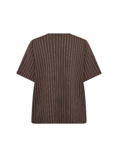 ryggen af kortærmet stribet t-shirt i brun og hvid med rund hals. Wasabi WA-LAENA 1 T-shirt Hot Fudge Combi
