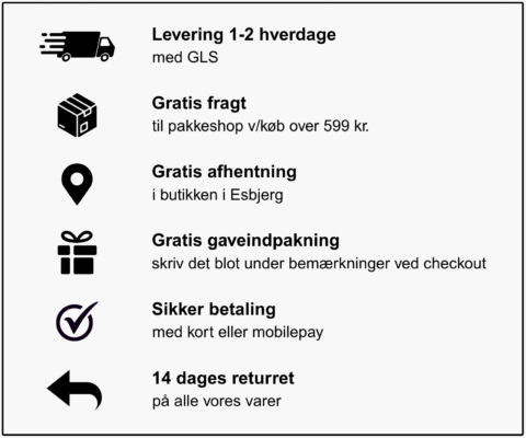 levering 1-2 dage, gratis fragt over 599 kr. eller gratis afhentning i butik. Gratis gaveindpakning og sikker betaling med kort eller mobilepay. Altid 14 dages returret