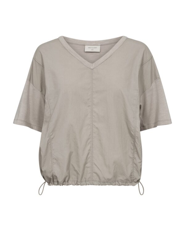 kortærmet beige bluse med justerbar snøre i bunden