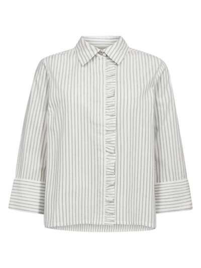 stribet skjortebluse med flæsekant over knaplukning. Freequent FQFIONA-SHIRT Star Off-White w. Salute