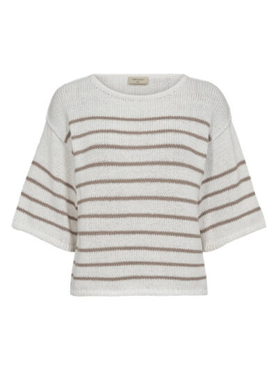 beige og hvid stribet strik Freequent FQGRANDE-PULLOVER Brilliant White w Simply Taupe