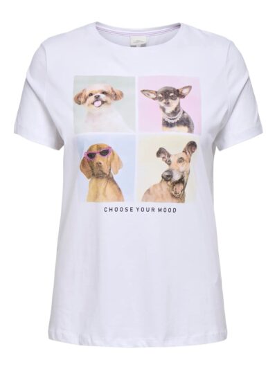 hvid t-shirt med 4 hunde på fronten. ONLY Carmakoma CARWINCE Tee