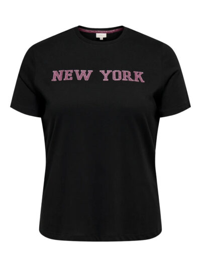 sort t-shirt med pink print på brystet. ONLY Carmakoma CARZAFIRO Tee Black New York