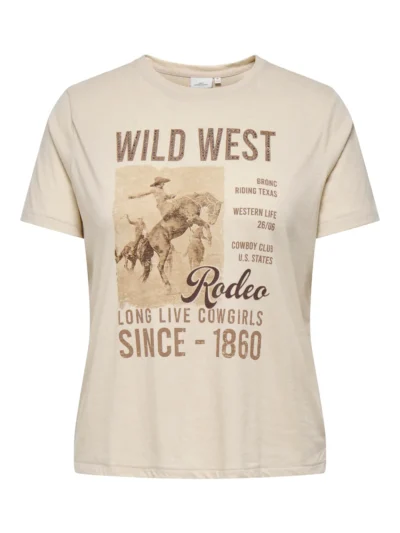 beige t-shirt med wild west print. ONLY Carmakoma CARPAYTON Tee Pumice Stone Western