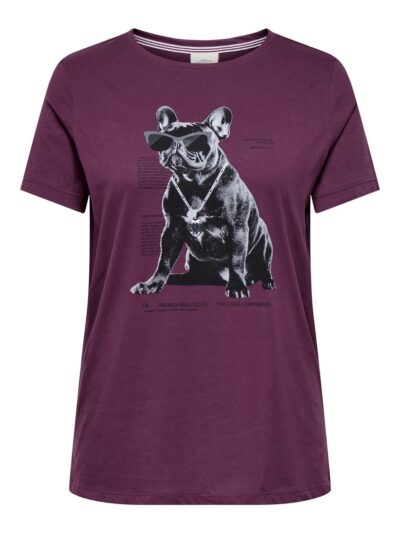 kortærmet lilla t-shirt med en hund på fronten. ONLY Carmakoma CARWINCE Tee