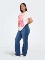 model med blå jeans med bred elastik i taljen. ONLY Carmakoma CARROYAL Flared Legging Medium Blue Denim