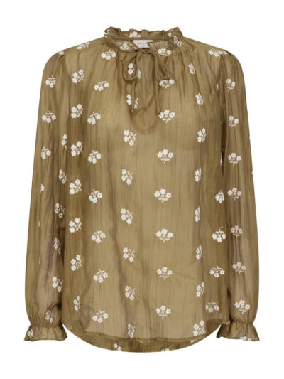 bronze bluse med hvidt broderi og flæsedetaljer. Freequent FQWENDY-BLOUSE Antique Bronze w. Moonbeam