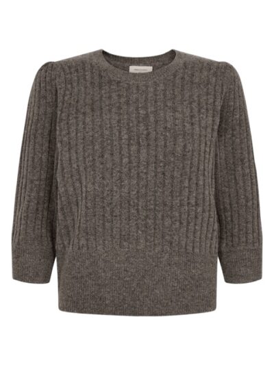 brun strik med striktur og ribanter. Freequent FQHARA-PULLOVER Morel Melange