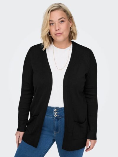 model med åben sort cardigan mellemlang ONLY Carmakoma CARESLY Open Cardigan black