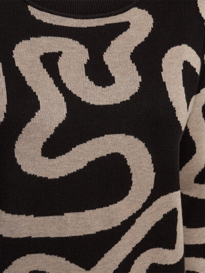 grafisk mønster på sort strik med beige mønster. Freequent FQANI-PULLOVER Black w. Simply Taupe Mlg.