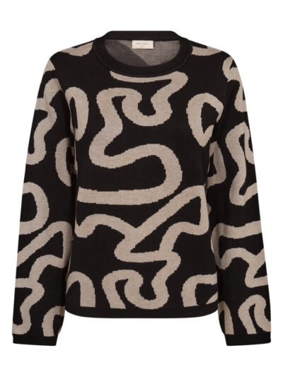 sort strik med beige mønster. Freequent FQANI-PULLOVER Black w. Simply Taupe Mlg.
