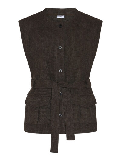 brun vest med knaplukning og bindebånd i taljen. Humble MargotHbs vest Brown combi