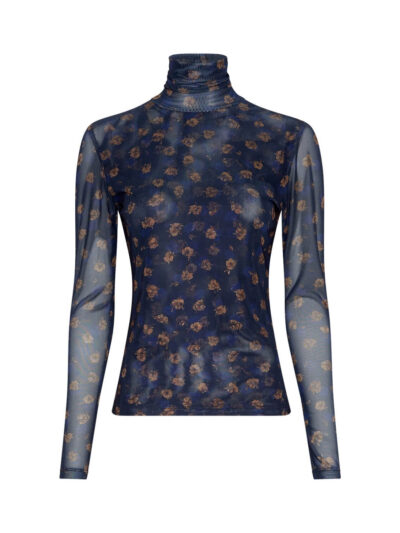 blå meshbluse med brunt blomsterprint. MOSS Copenhagen MSCHGinie Illenora LS Top AOP