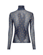 ryggen af blå meshbluse med rullekrave og brunt blomsterprint. MOSS Copenhagen MSCHGinie Illenora LS Top AOP