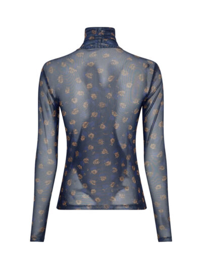 ryggen af blå meshbluse med rullekrave og brunt blomsterprint. MOSS Copenhagen MSCHGinie Illenora LS Top AOP