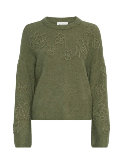 grøn strik med broderede blomster. MOSS Copenhagen MSCHMiabelle Hope Pullover EMB