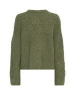 ryggen af grøn strik med broderede blomster. MOSS Copenhagen MSCHMiabelle Hope Pullover EMB