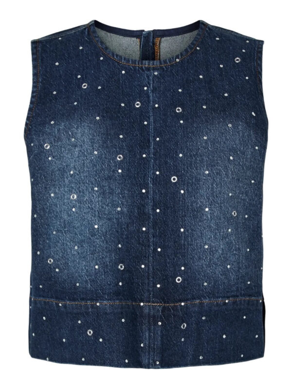 ærmeløs blå denimtop med knitter. PIECES PCMERLE DENIM TOP Dark Blue Denim