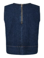 lynlås i nakken på ærmeløs blå denimtop med knitter. PIECES PCMERLE DENIM TOP Dark Blue Denim