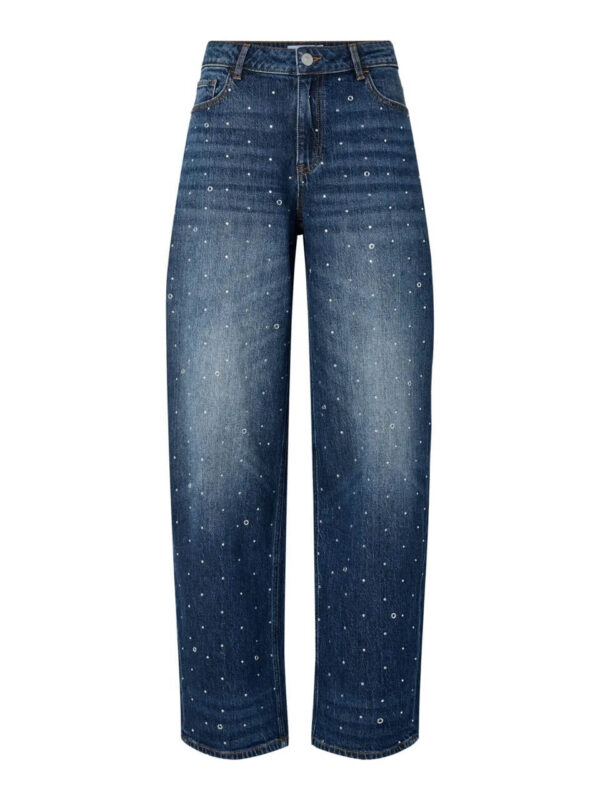 blå jeans med nitter foran og barrel fit. PIECES PCMERLE JEANS Dark Blue Denim