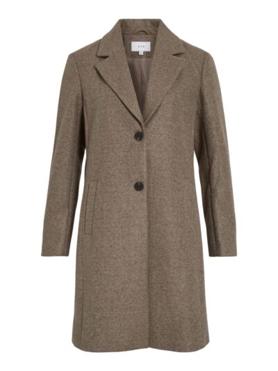 lys brun frakke med krave og dobbelt knaplukning. VILA VICLAUDIA Button Coat Falcon Melange