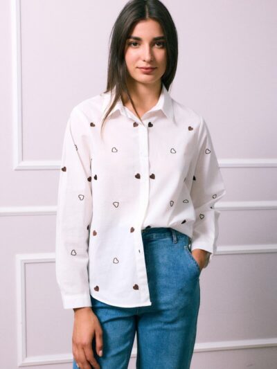 MIND by lene skjorte med brune hjerter | Hvid