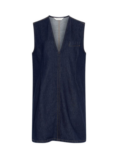 blå denimkjole med v-hals og ingen ærmer