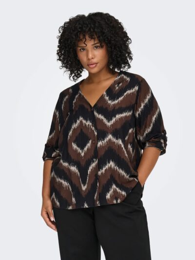 ONLY Carmakoma CARCAMILLE 3/4 V-NECK SHIRT AOP | Shaved Chocolate Distressed zigzag
